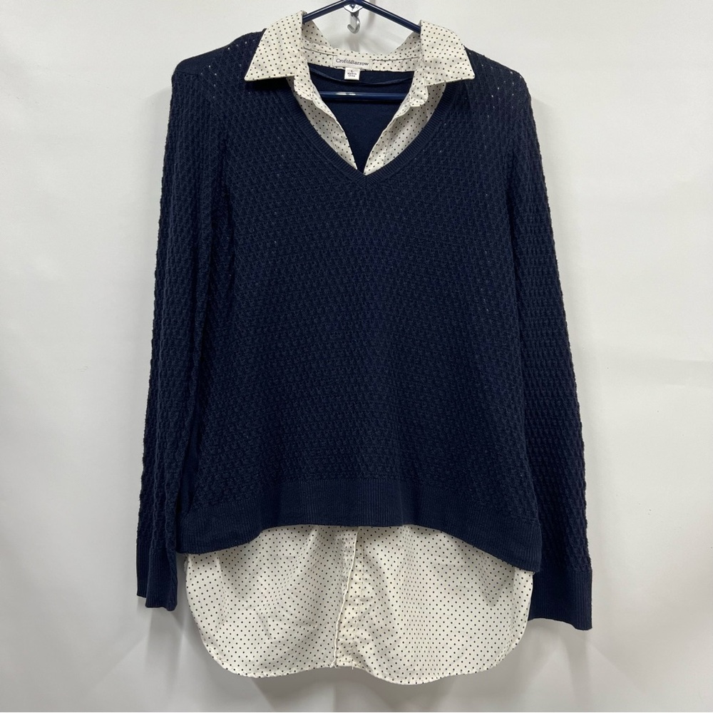 Croft & Barrow large knit Sweater w/built in Polk a dot blouse navy blue white